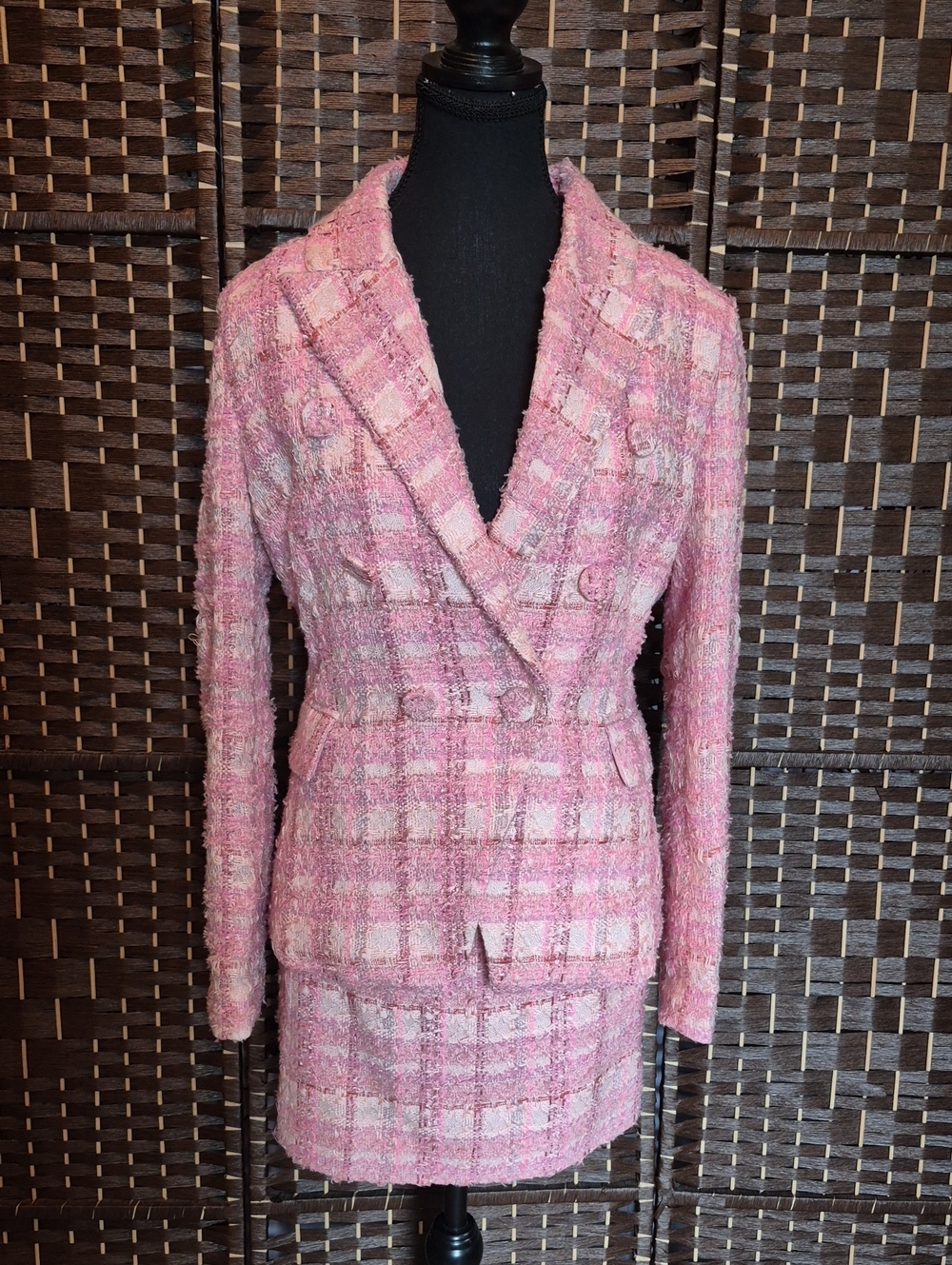 Bardot Pink Tweed Double-Breasted Blazer And Skirt